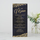 Blue Watercolor & Gold Confetti Wedding Menu Menükarte (Stehend Vorderseite)