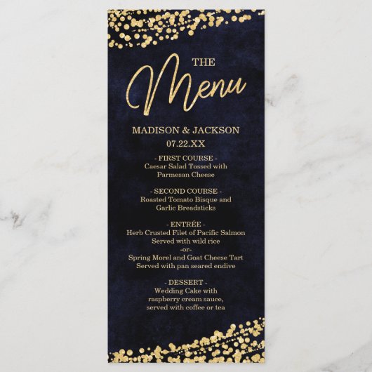 Blue Watercolor & Gold Confetti Wedding Menu Menükarte (Vorderseite)