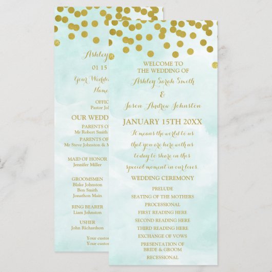 Blue Watercolor Gold Confetti Wedding Program Programm (Vorne/Hinten)