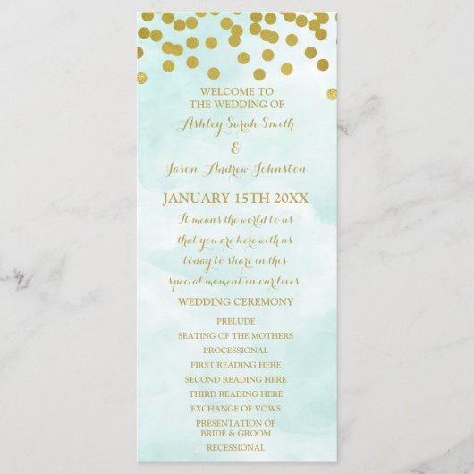 Blue Watercolor Gold Confetti Wedding Program Programm (Vorderseite)