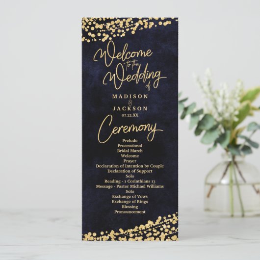 Blue Watercolor Gold Confetti Wedding Program Programm (Stehend Vorderseite)