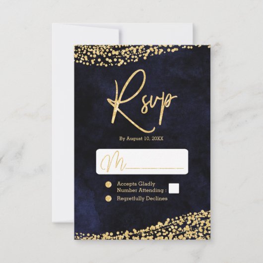 Blue Watercolor & Gold Confetti Wedding RSVP (Vorderseite)