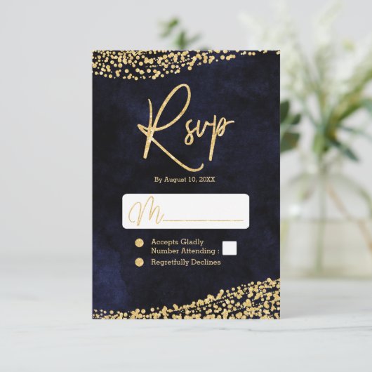 Blue Watercolor & Gold Confetti Wedding RSVP (Stehend Vorderseite)