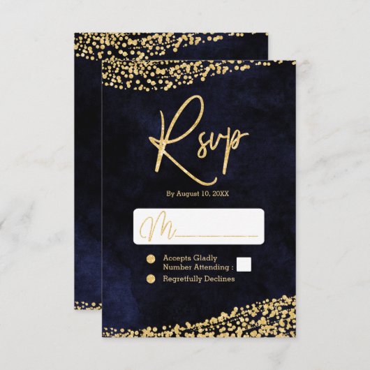 Blue Watercolor & Gold Confetti Wedding RSVP (Vorne/Hinten)