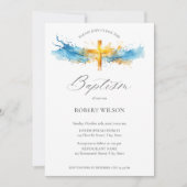 Blue Watercolor Gold Cross Boy Christening Taufe Einladung (Vorderseite)
