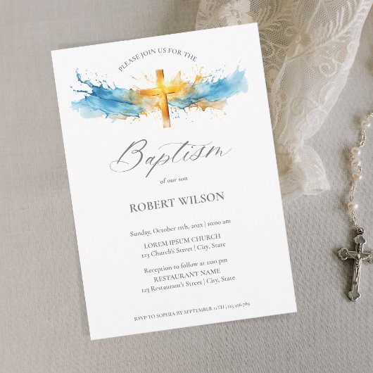 Blue Watercolor Gold Cross Boy Christening Taufe Einladung