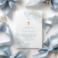 Blue Watercolor Gold Cross Boy Christening Taufe