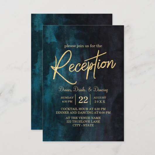 Blue Watercolor & Gold Hochzeitsempfang Einladung (Vorne/Hinten)