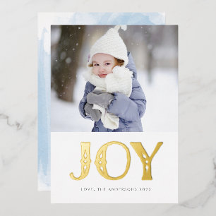 Blue Watercolor GOLD JOY Christmas Foto Folien Feiertagskarte