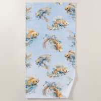 Blue Watercolor Gold Koi Fisch Flora