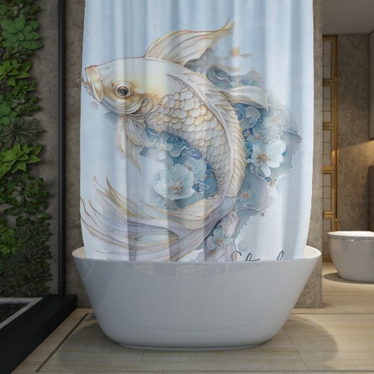Blue Watercolor Gold Koi Fisch Personalisiert Duschvorhang