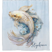 Blue Watercolor Gold Koi Fisch Personalisiert Duschvorhang (Vorderseite)