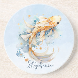 Blue Watercolor Gold Koi Fisch Personalisiert Getränkeuntersetzer