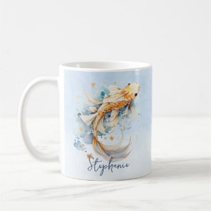 Blue Watercolor Gold Koi Fisch Personalisiert Kaffeetasse