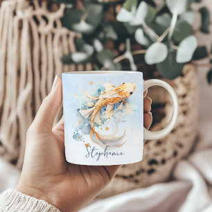 Blue Watercolor Gold Koi Fisch Personalisiert Kaffeetasse