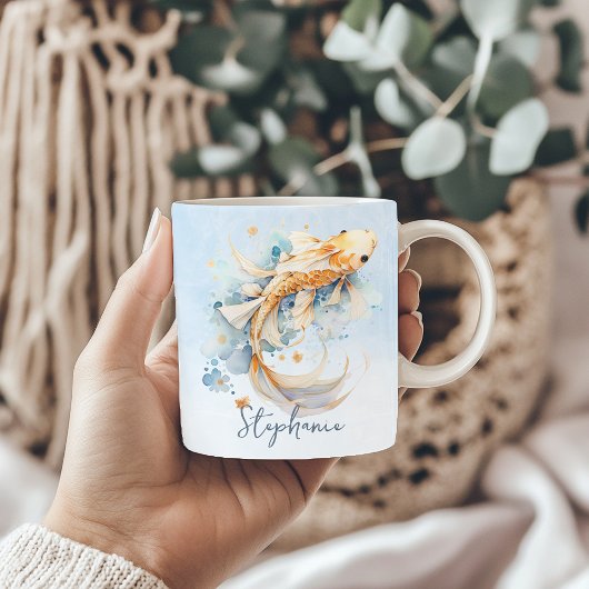 Blue Watercolor Gold Koi Fisch Personalisiert Kaffeetasse