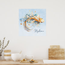 Blue Watercolor Gold Koi Fisch Personalisiert