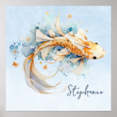 Blue Watercolor Gold Koi Fisch Personalisiert Poster (Vorne)