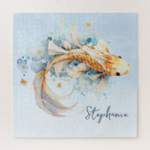 Blue Watercolor Gold Koi Fisch Personalisiert Puzzle (Vertikal)