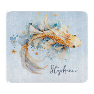 Blue Watercolor Gold Koi Fisch Personalisiert Schneidebrett