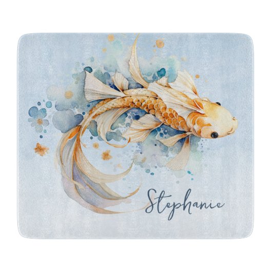 Blue Watercolor Gold Koi Fisch Personalisiert Schneidebrett (Vorderseite)