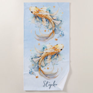 Blue Watercolor Gold Koi Fisch Personalisiert Strandtuch