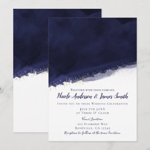 Blue Watercolor & Gold Moderne schicke Hochzeit Einladung
