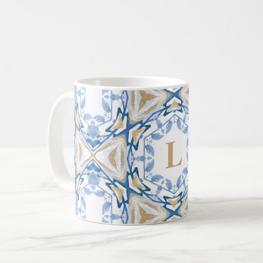 Blue Watercolor & Gold Monogram Tasse (Vorderseite Links)