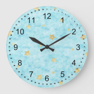 Blue Watercolor Gold Stars Große Wanduhr