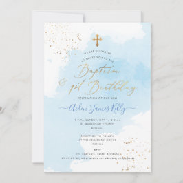 Blue Watercolor Gold Taufe+1. Geburtstag Einladung