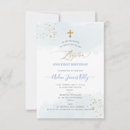 Blue Watercolor Gold Taufe+1. Geburtstag Einladung