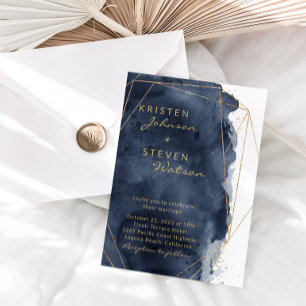 Blue Watercolor & Gold Wedding Einladung