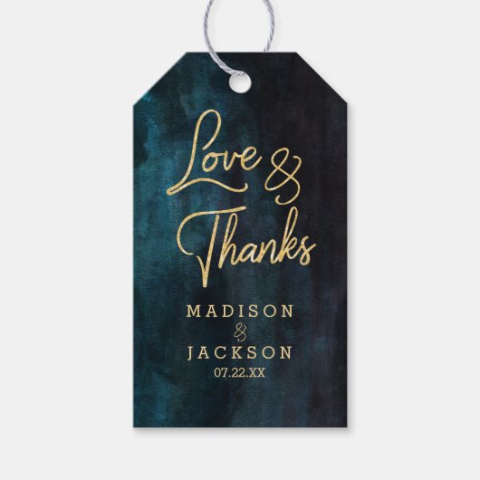 Blue Watercolor & Gold Wedding Liebe & Danke Geschenkanhänger (Vorderseite)