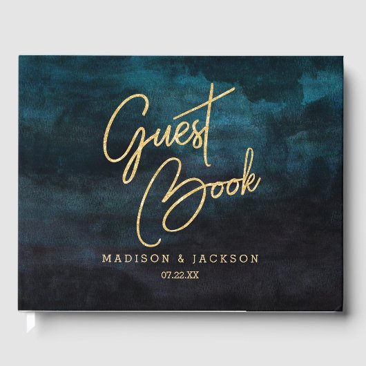 Blue Watercolor & Gold Wedding Monogram Gästebuch (Vorderseite)