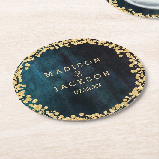 Blue Watercolor & Gold Wedding Monogram Runder Pappuntersetzer (Angewinkelt)
