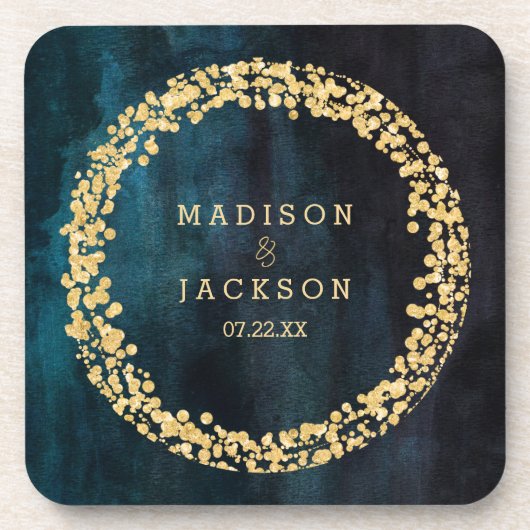 Blue Watercolor & Gold Wedding Monogram Untersetzer (Vorderseite)