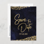 Blue Watercolor & Gold Wedding speichern das Datum Ankündigungspostkarte (Vorne/Hinten)