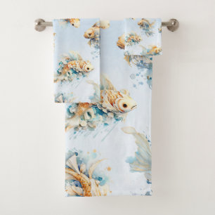 Blue Watercolor Gold White Koi Fisch Floral Badhandtuch Set