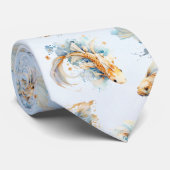 Blue Watercolor Gold White Koi Fisch Krawatte (Gerollt)