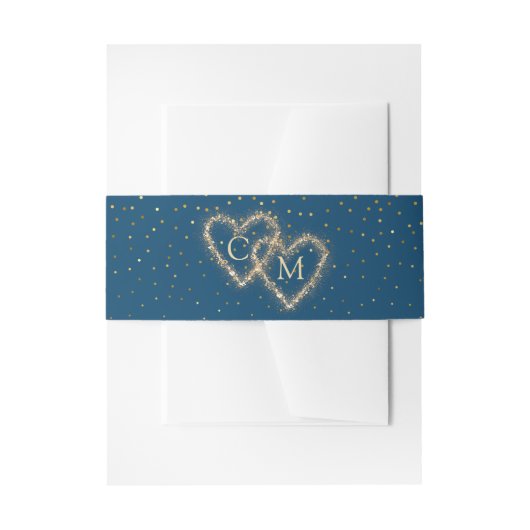 Blue Watercolor Golden Hearts Monogram Wedding Einladungsbanderole (Vorderseite Beispiel)