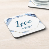 Blue Watercolor Goldrahmen Hochzeit Getränkeuntersetzer (Linke Seite)