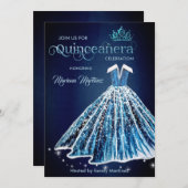 Blue Watercolor Handgezeichnetes Ballkleid Quince Einladung (Vorne/Hinten)