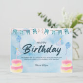Blue Watercolor Happy Birthday Einladung (Stehend Vorderseite)