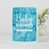 Blue Watercolor Hearts Baby Dusche Einladung (Stehend Vorderseite)