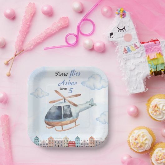 Blue Watercolor Helicopter City Pappteller (Party)