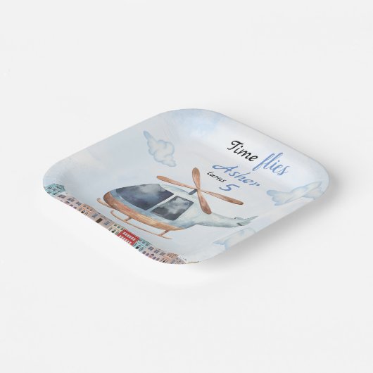 Blue Watercolor Helicopter City Pappteller (Gewinkelt)