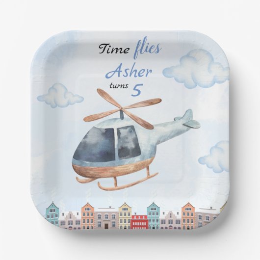 Blue Watercolor Helicopter City Pappteller (Vorderseite)