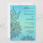 Blue Watercolor Henna Islamische Hochzeit Einladung (Vorderseite)