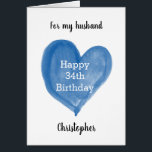 Blue Watercolor Herz 34. Geburtstag<br><div class="desc">Eine personalisierte 34. Geburtstagskarte für ihn mit einem blauen Aquarellherz auf der Vorderseite. Die Vorderseite dieser blauen Herz 34. Geburtstagskarte kann mit seinem Namen personalisiert werden,  zusammen mit dem Alter,  das benötigt wird. Das würde eine wunderbare Geburtstagskarte halten Sake für seine dreißig vierunddreißig.</div>