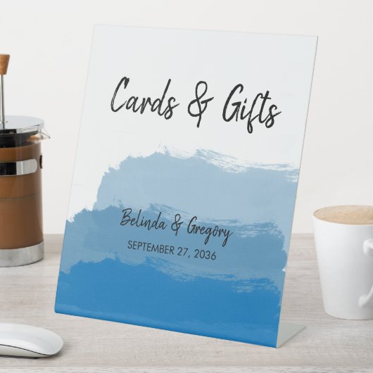 Blue Watercolor Hochzeitskarten & Geschenke am Str Sockelschild (In Situ)